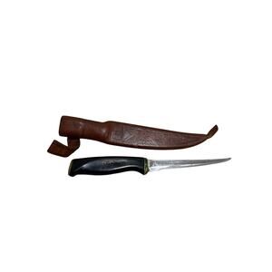 Vintage 1967 NORMARK FISKARS FINLAND Fillet Boning Knife & Leather Sheath - BUB